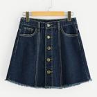 Romwe Button Up Frayed Trim 5-pocket Denim Skirt