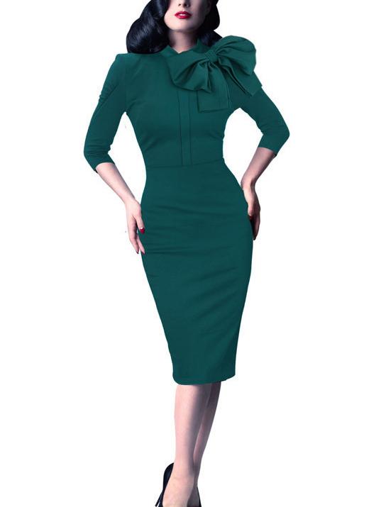Romwe Green Pussy Bow Decorated Collar Pencil Dress