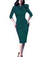 Romwe Green Pussy Bow Decorated Collar Pencil Dress