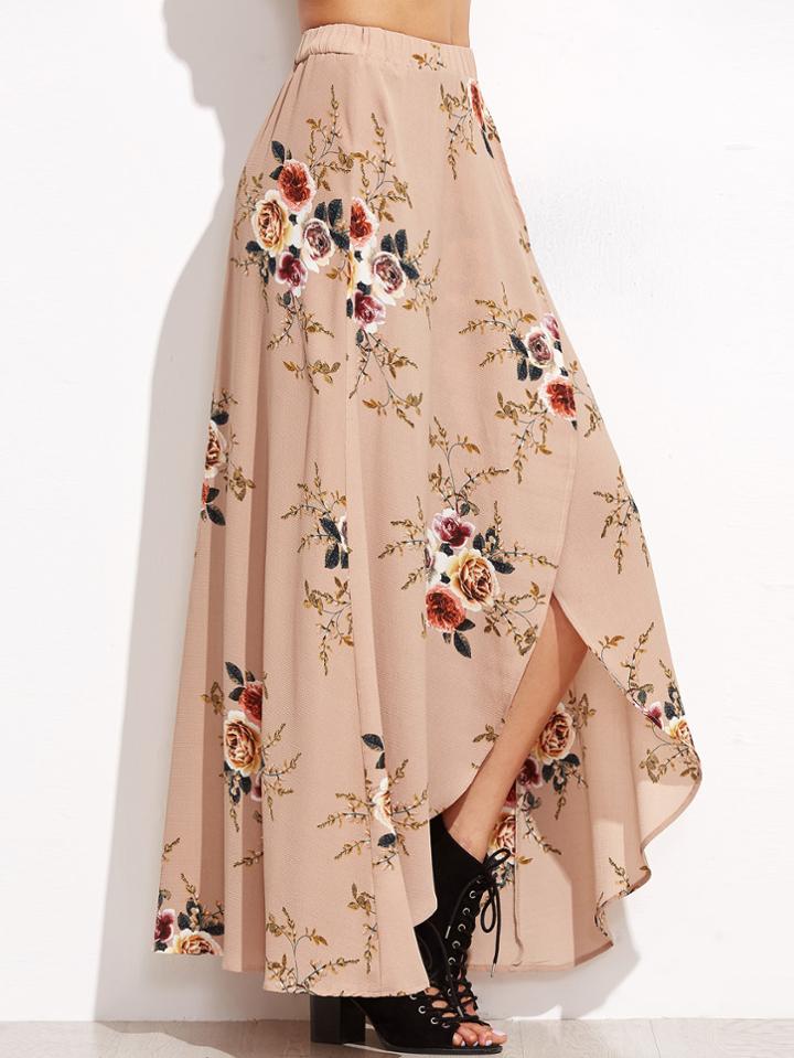 Romwe Floral Print Asymmetric Wrap Maxi Skirt