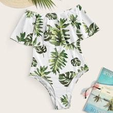 Romwe Palm Print Flounce One Piece Swimsuit