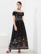 Romwe Shirred Bardot Frill Trim Florals Dress