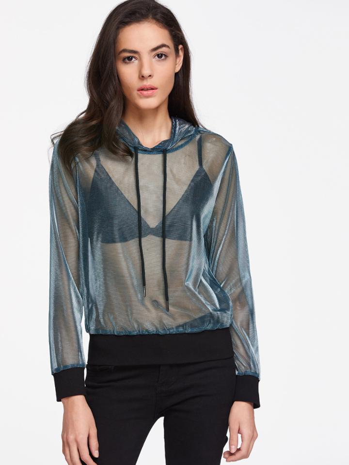 Romwe Contrast Ribbed Trim Sheer Metallic Hoodie