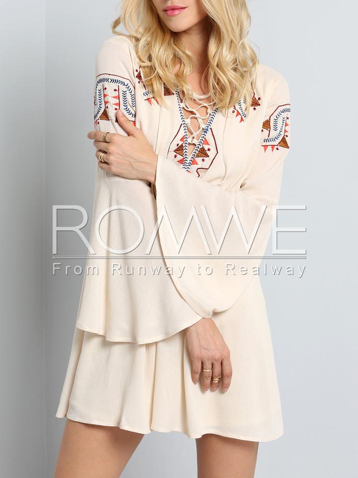 Romwe Apricot Long Sleeve Tribal Embroidered Dress