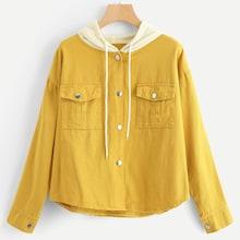 Romwe Denim Single Breasted Contrast Hooded Jacket