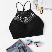 Romwe Criss Cross Contrast Lace Top