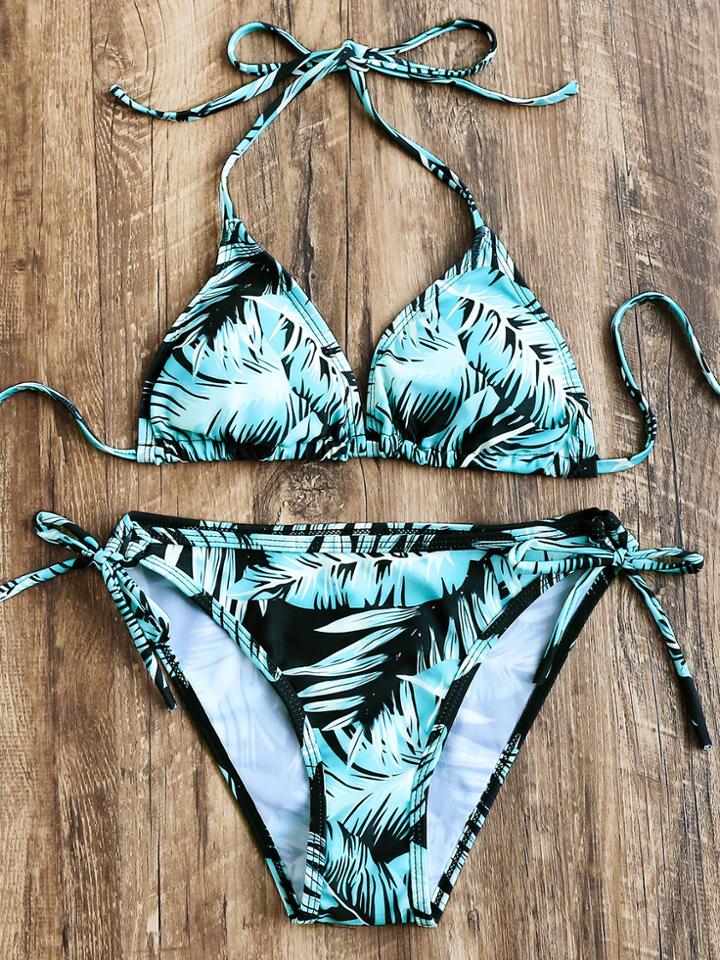 Romwe Turquoise Tropical Print Triangle Bikini Set