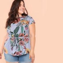 Romwe Plus Tie Waist Floral & Striped Top
