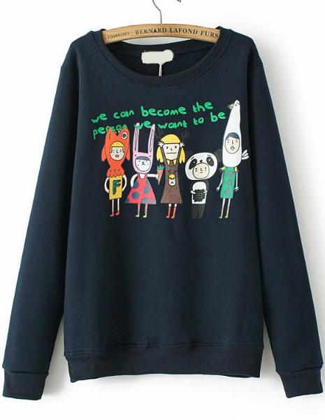Romwe Cartoon Print Print Navy Sweatshirt