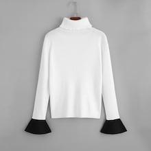 Romwe Contrast Ruffle Cuff Ribbed Knit Sweater