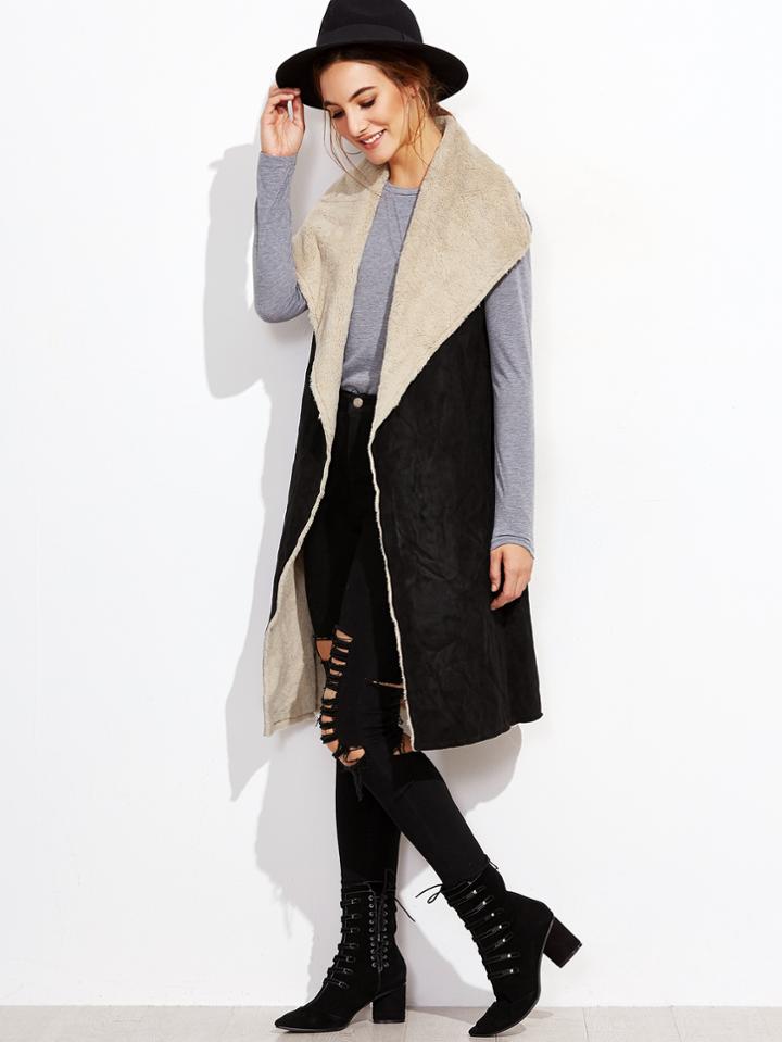 Romwe Black Oversized Drape Collar Faux Shearling Vest