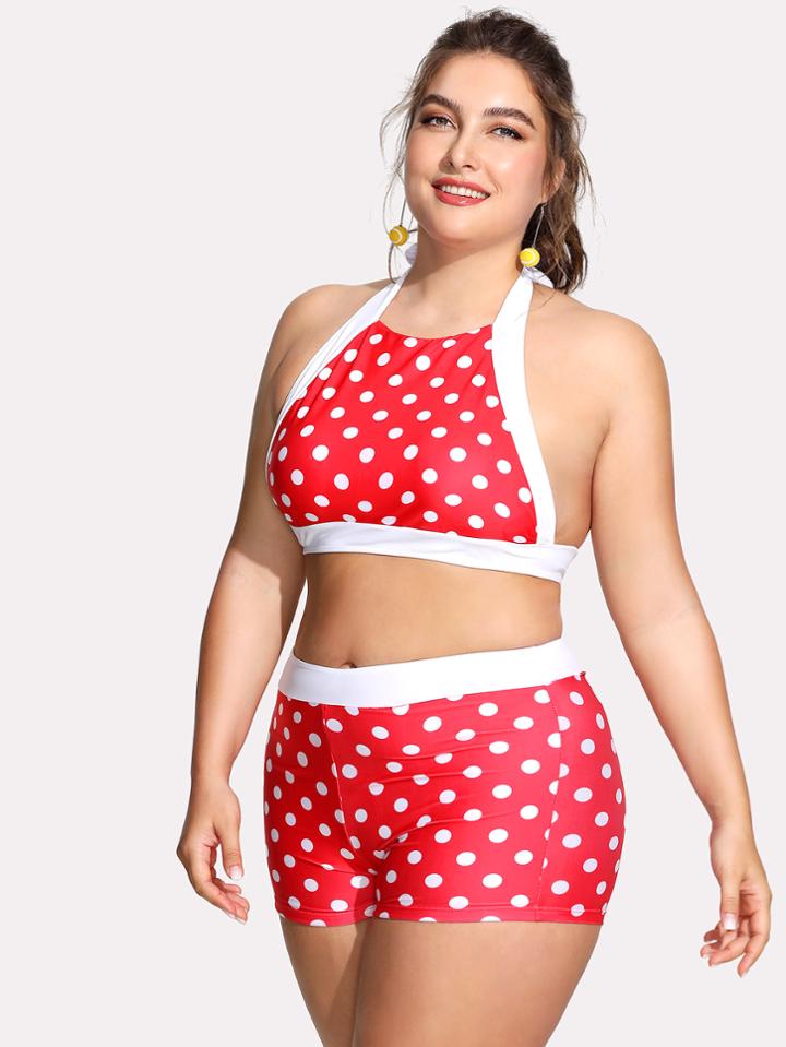 Romwe Polka Dot Contrast Trim Bikini Set