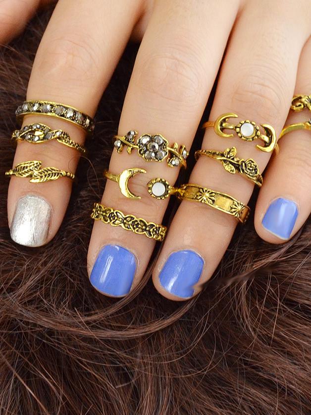 Romwe At-gold 11pcs/set Moon Flower Leaf Jewelry Rings