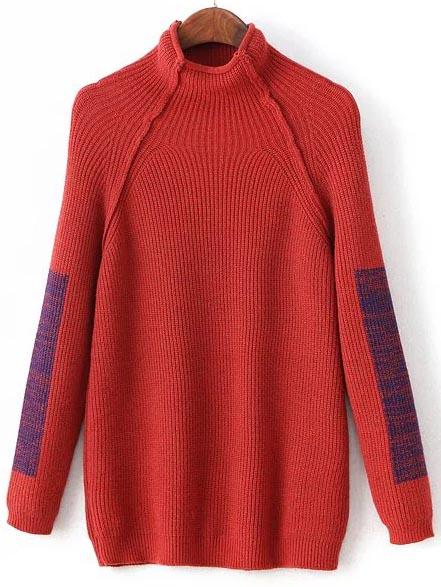 Romwe Red Color Block Mock Neck Raglan Sleeve Sweater