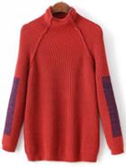 Romwe Red Color Block Mock Neck Raglan Sleeve Sweater