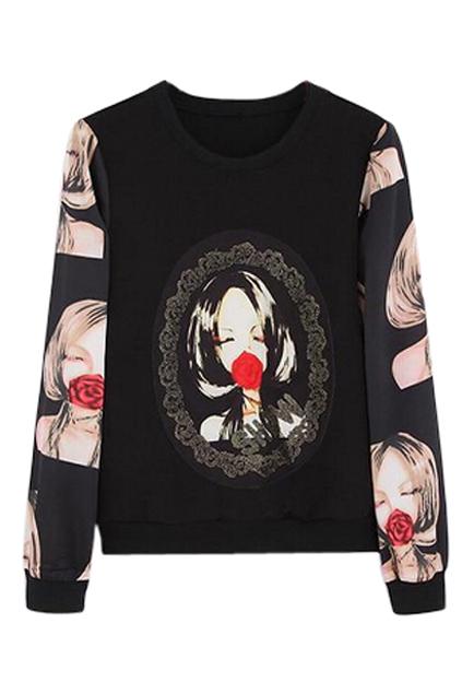 Romwe Beauty Print Black Sweatshirt