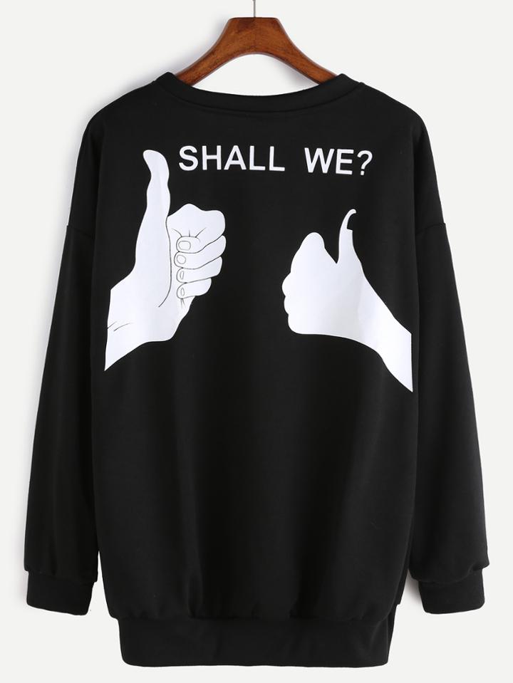 Romwe Black Print Back Drop Shoulder Sweatshirt