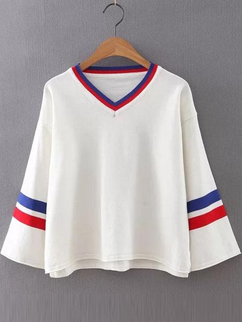 Romwe White Color Block V Neck Loose Sweater
