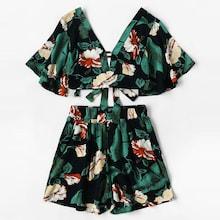 Romwe Plus Knot Floral Print Top With Shorts