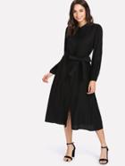 Romwe Tasseled Tie Lace Panel Belted Shirt Dress