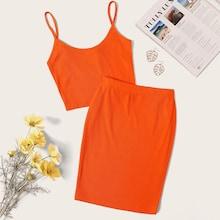 Romwe Neon Orange Rib-knit Crop Cami Top & Skinny Skirt Set
