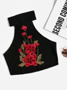 Romwe Ribbed Crop Halter Top With Embroidered Applique