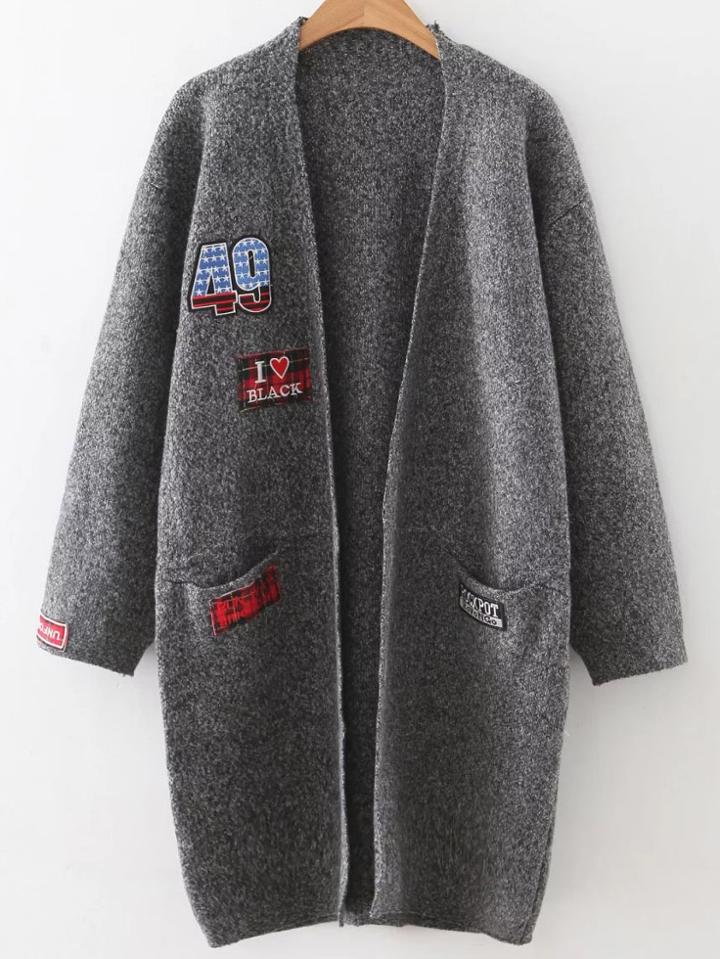 Romwe Dark Grey Patch Collarless Cardigan With Pockets