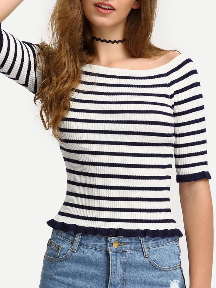 Romwe Striped Off-the-shoulder Ruffled T-shirt - Black