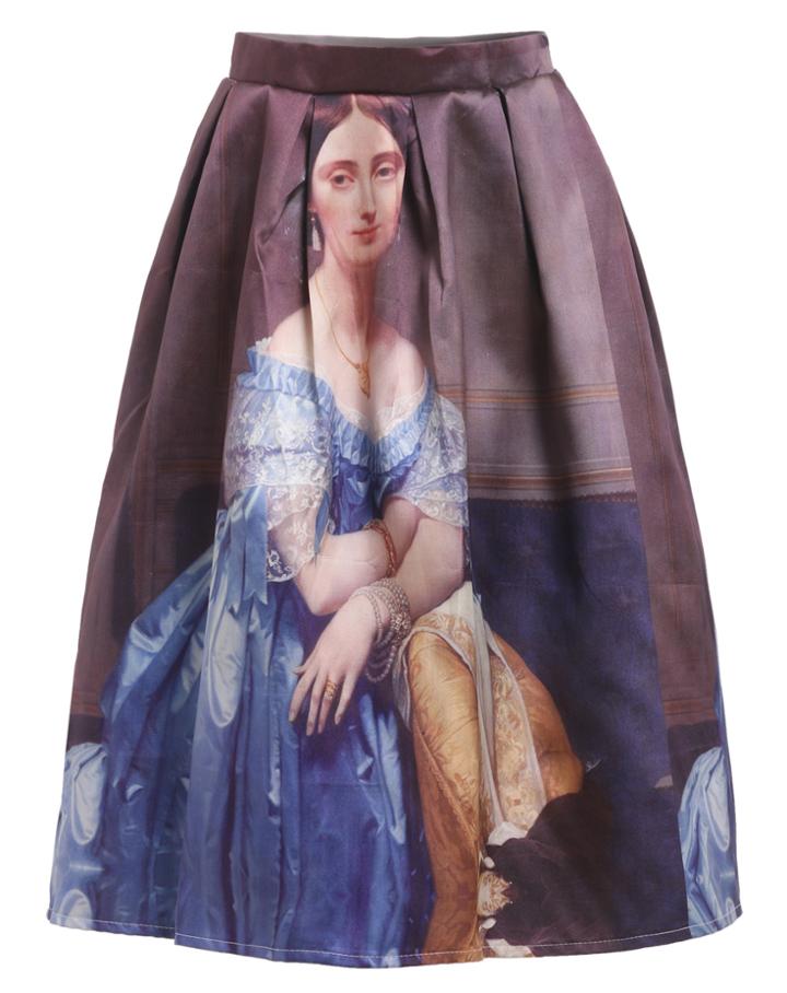 Romwe Mona Lisa Print Flare Skirt