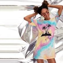 Romwe Coconut Trees Print Tie Dye T-shirt Dress