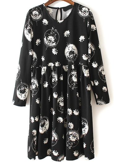 Romwe Florals Keyhole Back Pleated Dress