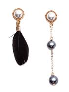 Romwe Black Feather Faux Pearl Metal Ball Asymmetrical Earrings