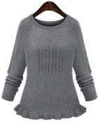 Romwe Round Neck Folds Ruffle Grey Sweater
