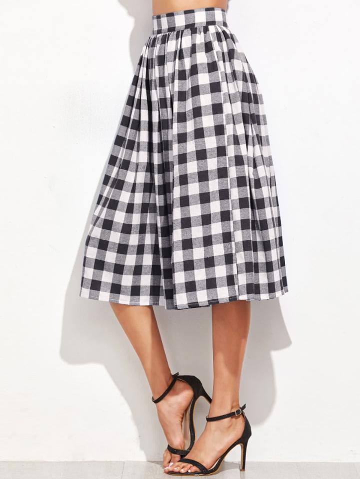 Romwe Hidden Pocket Detail Pleated Checkered Skirt