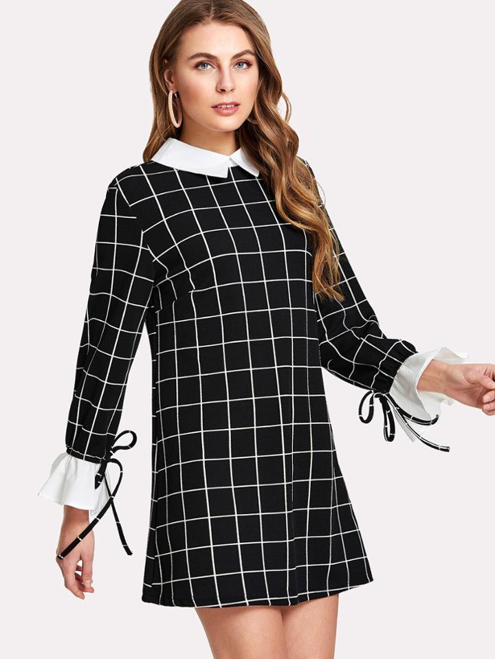 Romwe Contrast Collar And Cuff Grid Dress