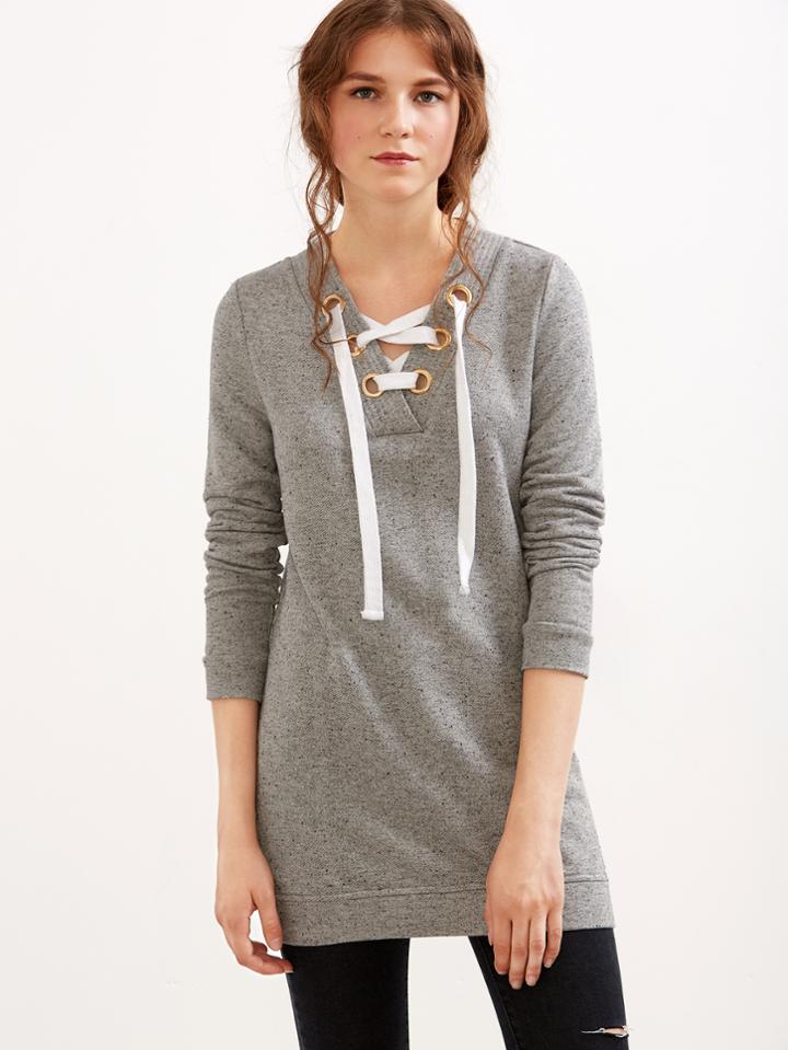 Romwe Grey Lace Up V Neck Fleck Sweatshirt