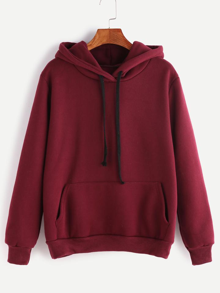 Romwe Burgundy Drawstring Hooded Pocket Sweatshirt