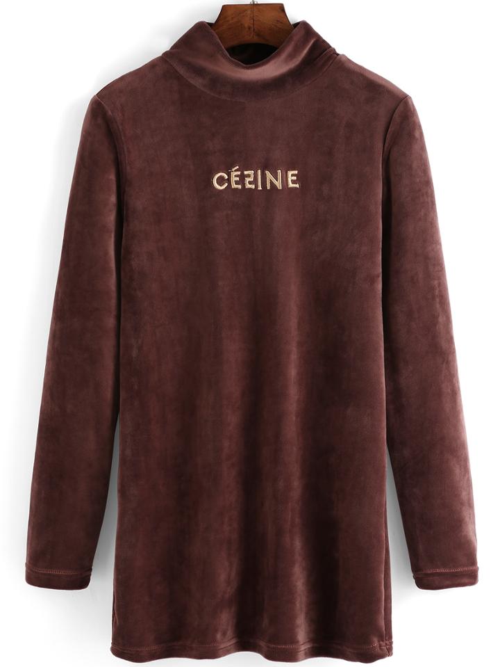 Romwe Turtleneck Letters Embroidered Coffee Sweatshirt