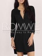Romwe Black Plunge Side Slit High Low Dress