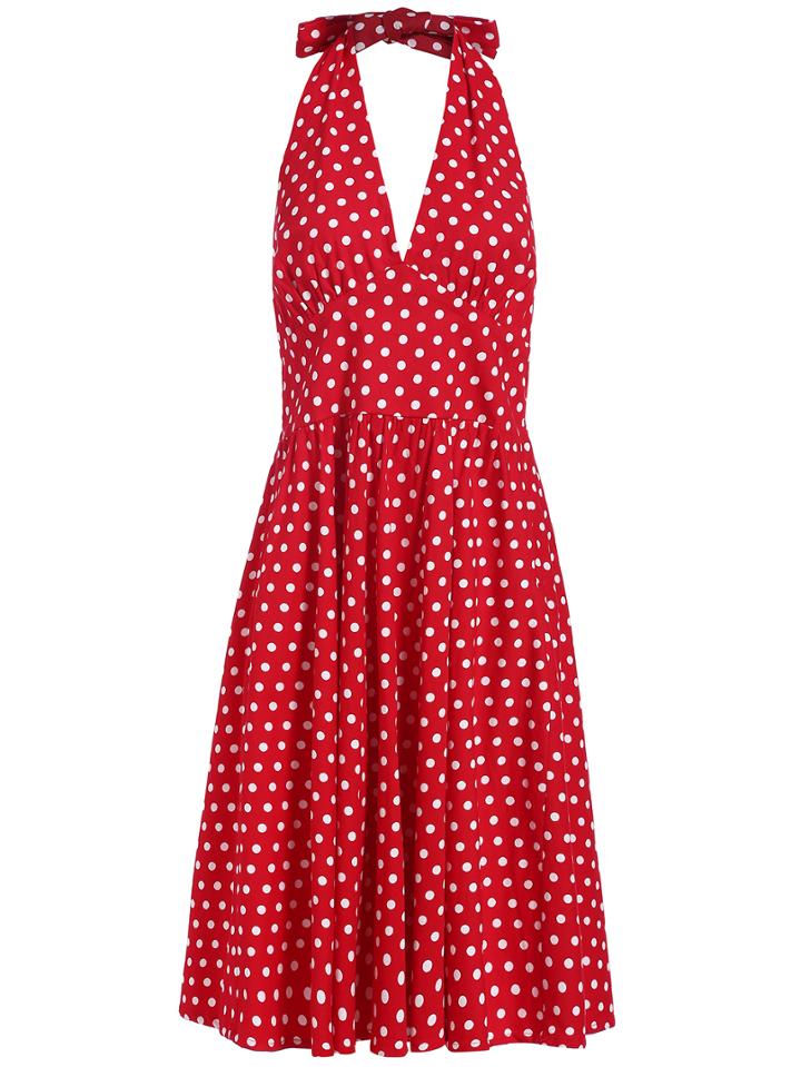 Romwe Halter Bow Backless Polka Dot Dress