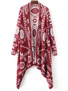 Romwe Red Graphic Pattern Asymmetrical Poncho Sweater