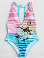 Romwe Palm Tree Print Plunge Neck Backless Swimsuit