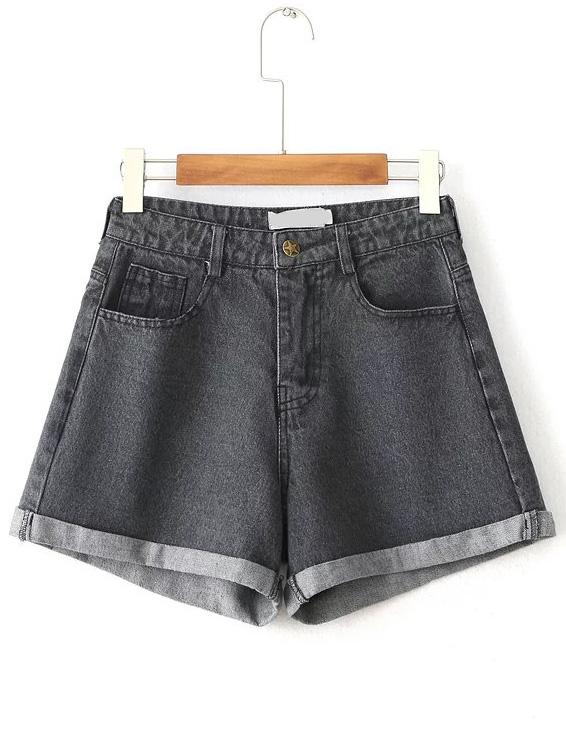 Romwe Black High Waist Rolled Hem Denim Shorts