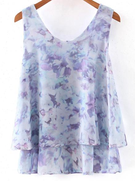 Romwe Purple Double Layers Chiffon Print Tank Top