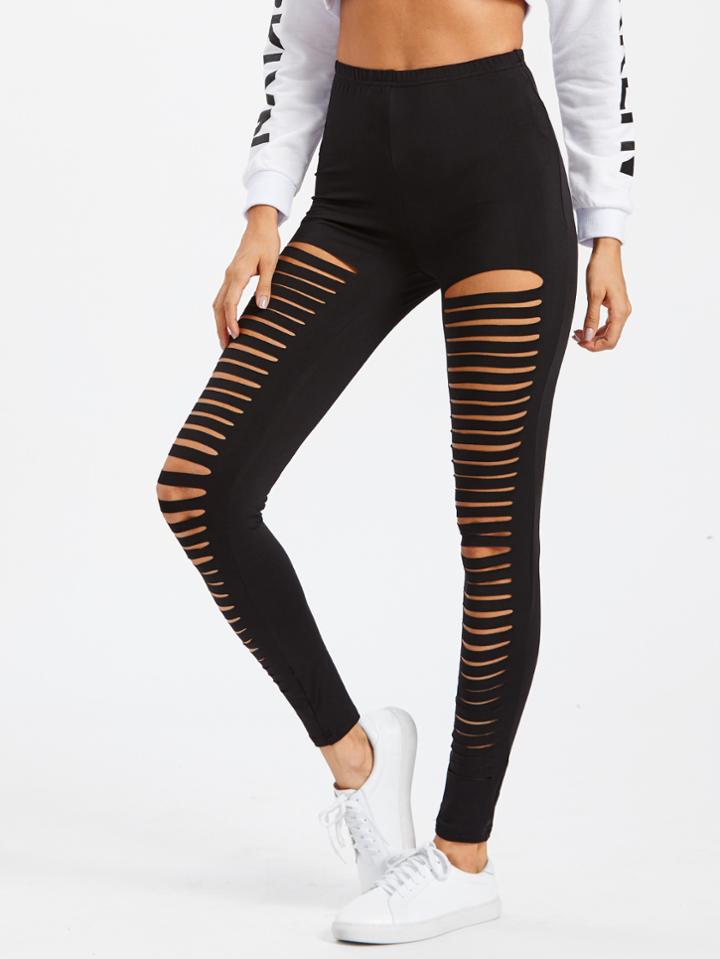 Romwe Laddering Cut Front Leggings