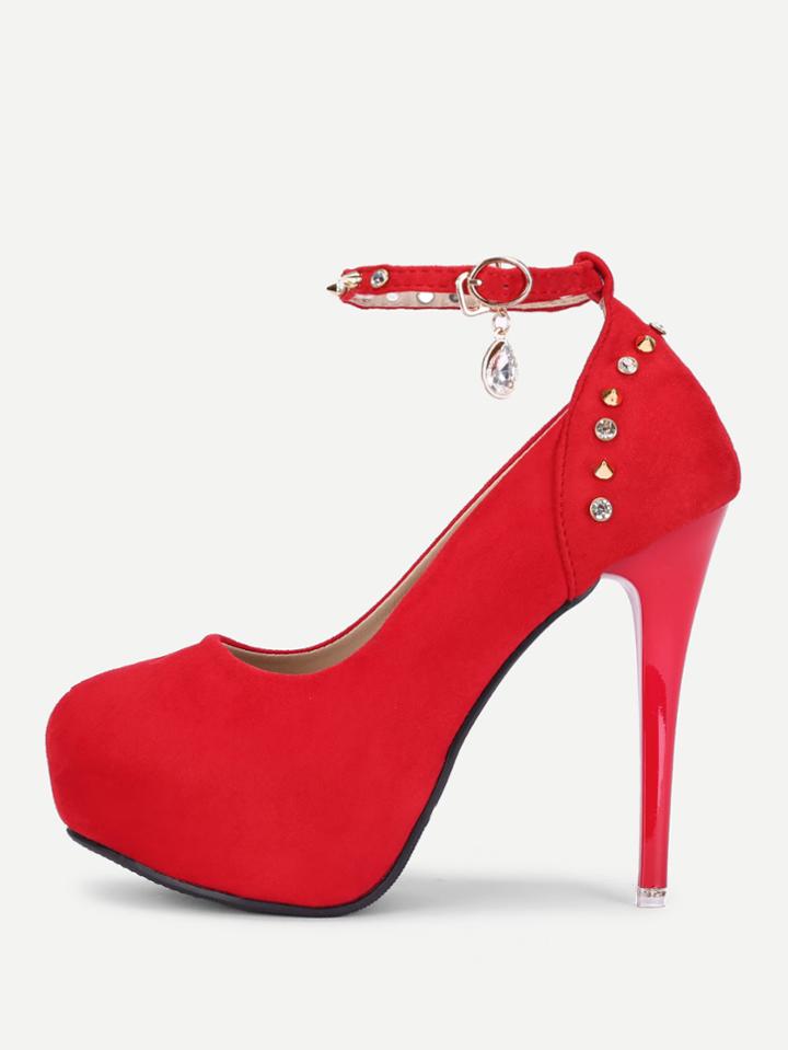 Romwe Water Drop Rhinestone Ankle Strap Stiletto Heels