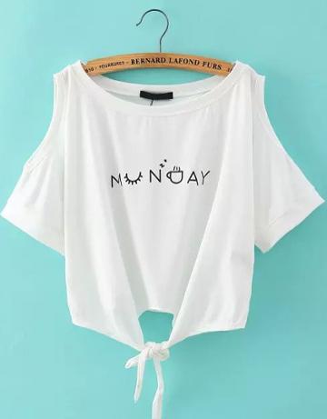 Romwe White Off The Shoulder Letters Print Kontted T-shirt
