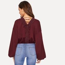 Romwe Drop Shoulder Lace Trim Lace Up Pullover