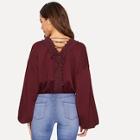 Romwe Drop Shoulder Lace Trim Lace Up Pullover