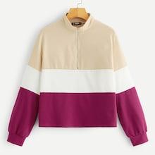 Romwe Mock Neck Zipper Front Colorblock Pullover